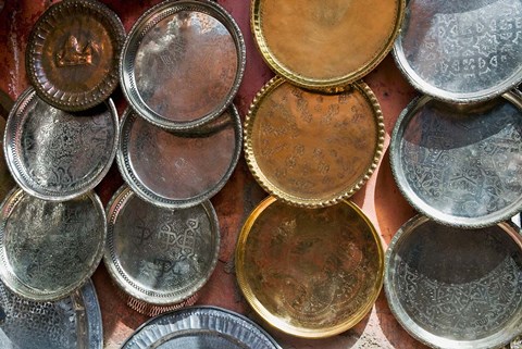 Framed Brass plates for sale in the Souk, Marrakech (Marrakesh), Morocco, North Africa Print