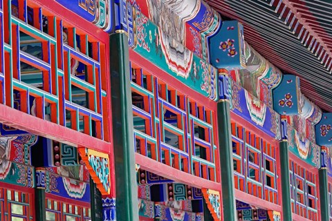 Framed Colorfully painted corridor details, Zhongshan Park, Beijing, China Print