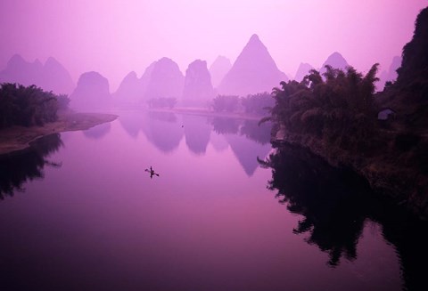 Framed Fisherman on Raft in Li River, Yangshou, Guanxi, China Print