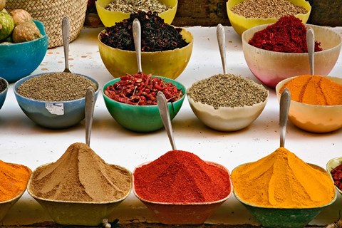 Framed Bowls with Colorful Spices at Bazaar, Luxor, Egypt Print
