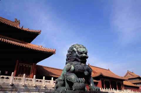 Framed Bronze lion statue, , Forbidden City, China Print
