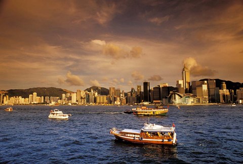 Framed Boats in Victoria Harbor at Sunset, Hong Kong, China Print