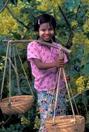 Framed Girl with Painted Face Carrying Basket on Shoulder Pole, Myanmar Print