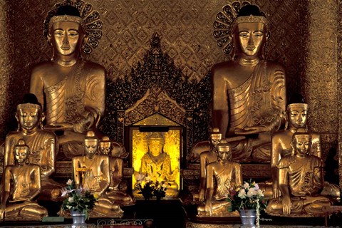 Framed Gilded Buddha Statues, Myanmar Print