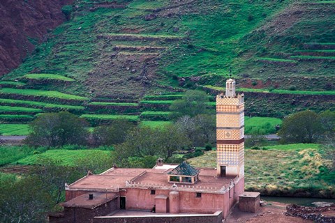 Framed Geometric Tilework on Mosque Minaret, Morocco Print