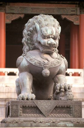 Framed China, Beijing, Forbidden City. Bronze lion statue Print