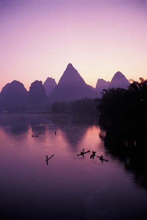 Framed Fishing rafts on Li River, dawn, Guangxi Province, China Print