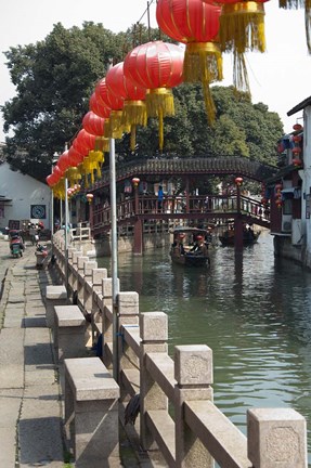 Framed Boat in canal with old wooden bridge, Zhujiajiao, Shanghai, China Print