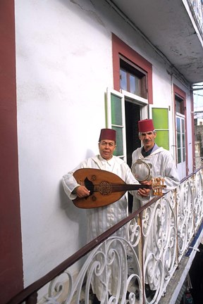 Framed Band with Ladud Guitar on Balcony, Tangier, Morocco Print
