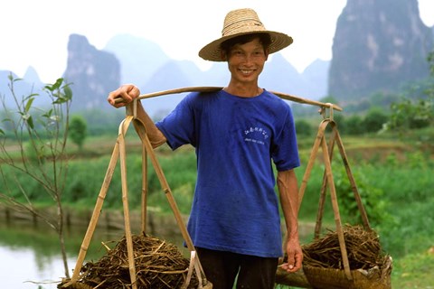 Framed Colorful Portrait of Rice Farmer in Yangshou, China Print