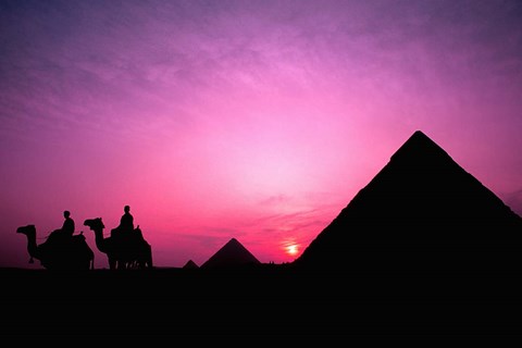 Framed Colorful Sunset Silhouetting Men and Camels at the Great Pyramids of Giza, Egypt Print