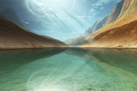 Framed beautiful river reflects light rays coming down from the sky Print