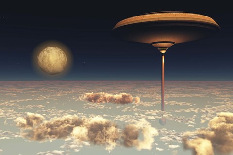 Framed futuristic space station hovers above the Earth Print