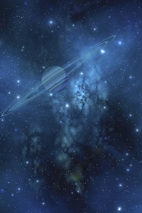 Framed ringed planet orbits near a beautiful nebula in space Print