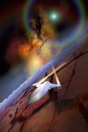 Framed spacecraft flys over another world Print