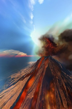 Framed volcano comes to life with smoke and lava Print