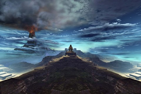 Framed volcano erupts near an ancient Mayan temple Print