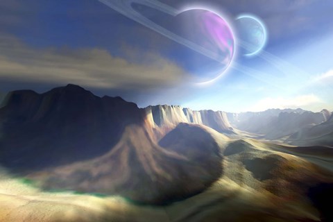 Framed Mountainous landscape on a futuristic world with two beautiful moons Print