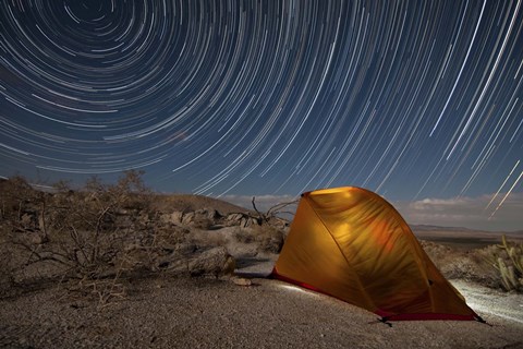 Framed Star trails above a campsite in Anza Borrego Desert State Park, California Print