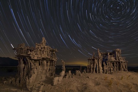 Framed Star trails and intricate sand tufa formations at Mono Lake, California Print