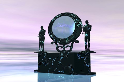 Framed Statues stand near a dimensional portal to another universe Print