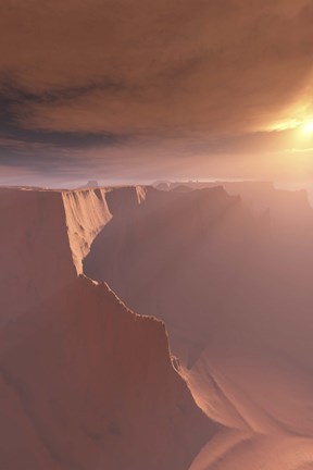 Framed Sunrays shine down on this canyon landscape Print