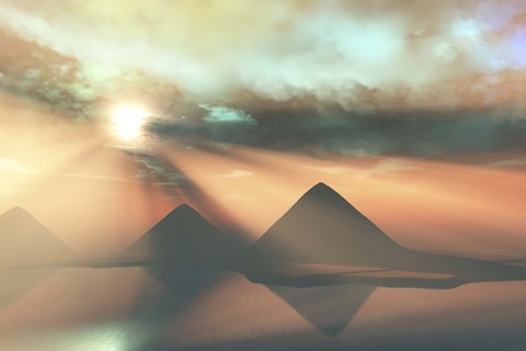 Framed Sunrays shine down on three pyramids along the Nile River on the Giza Plateau Print