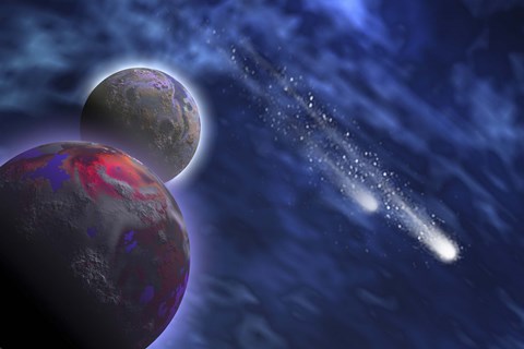 Framed Two comets stream past a planet and its moon Print