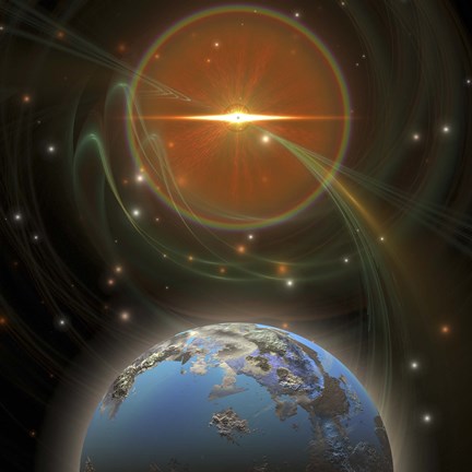 Framed huge sun emits solar flares by a nearby planet Print