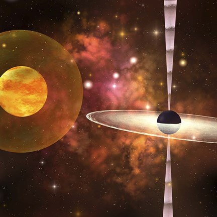 Framed huge sun encircled by an energy field orbits near a black hole in space Print
