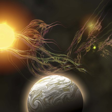 Framed huge sun radiates solar flares toward a nearby planet Print