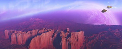 Framed Two spacecraft fly over a mountain range Print