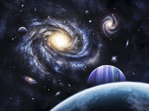 Framed view to a nearby galaxy from a gas giant and it's system of moons Print