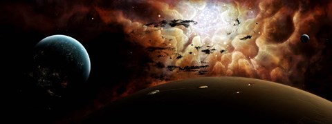 Framed view from a busy planetary system to a nearby stellar nursery Print