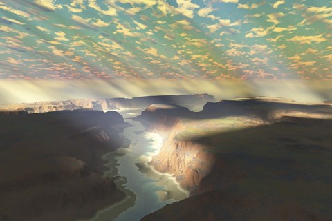Framed Sunrays shine down on mist over a canyon river in a desert wilderness Print