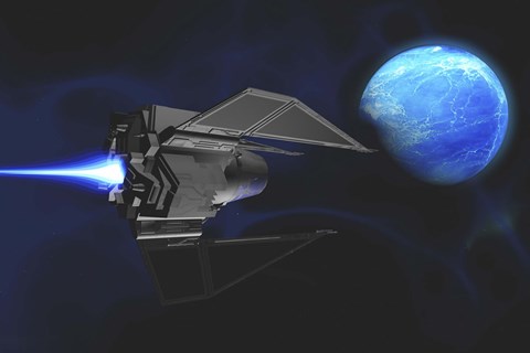 Framed small spacecraft from Earth reaches a water planet after many light years Print