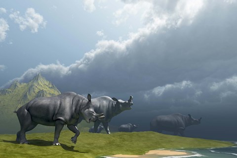 Framed herd of Brontotherium dinosaurs come to the lake to drink Print