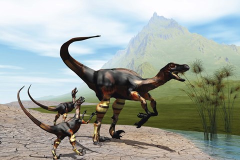 Framed Velociraptor offspring beg mother dinosaur for food near a pond Print