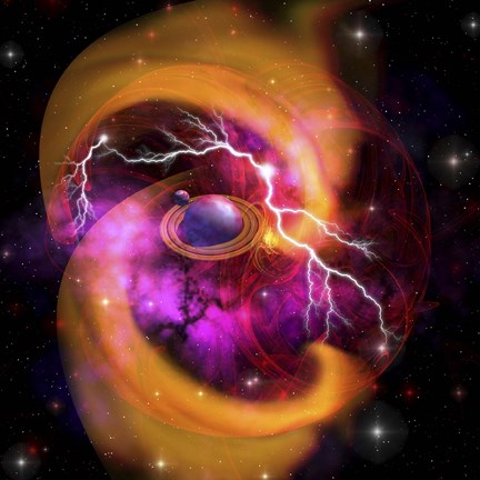 Framed Evolution of planet building with surrounding cosmic dust and electrical charges Print