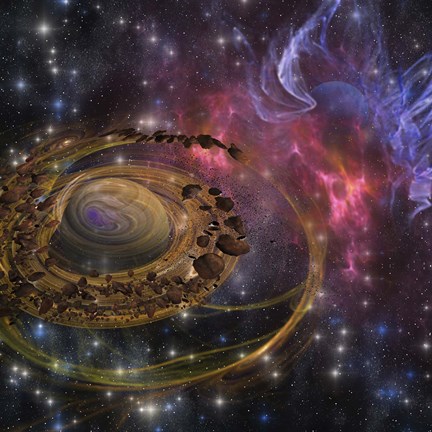 Framed Large rocks swirl around and form a planet in the cosmos Print