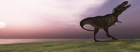 Framed Tyrannosaurus Rex dinosaur roars his defiance on an oceanside bluff Print