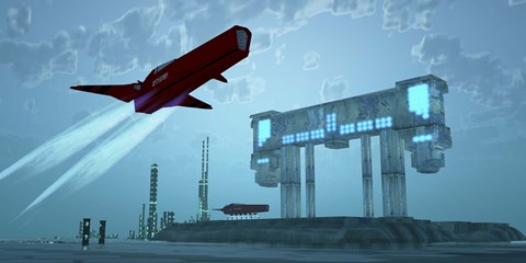 Framed spacecraft takes off from an airport on one of Saturn&#39;s moons Print