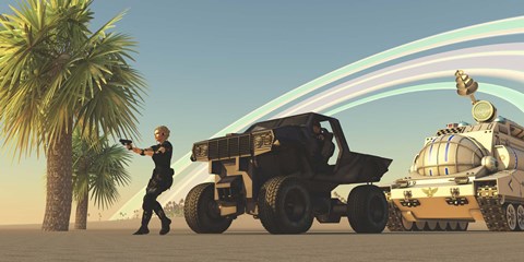 Framed female soldier draws her gun on a distant planet Print