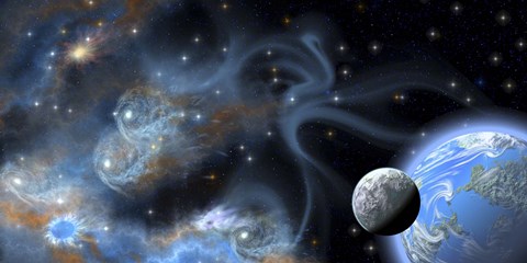 Framed Earth-like planet and its moon hover near a blue nebula Print