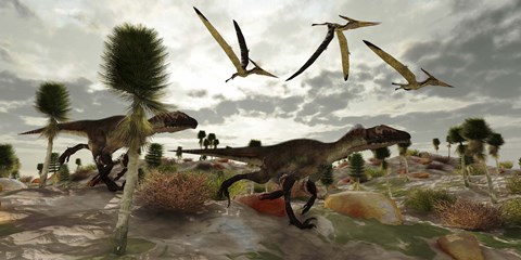 Framed Two Utahraptors hunt for prey as pterosaurs fly above Print