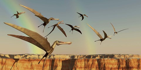 Framed flock of Pterodactyls fly out of a canyon Print