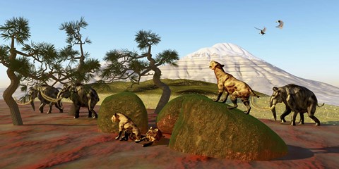 Framed family of Saber Toothed Tigers watch a herd of Woolly Mammoths Print
