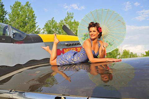 Framed 1940's style pin-up girl with parasol on a vintage P-51 Mustang Print