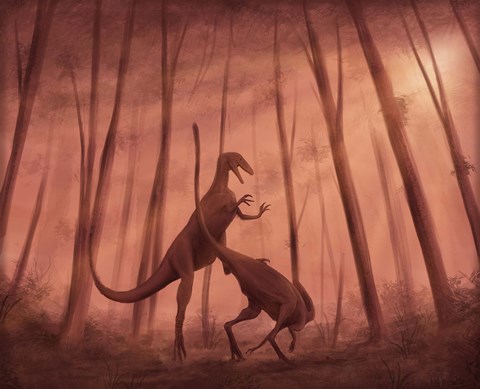 Framed Two Bicentenaria argentina dinosaurs fighting in the woods Print