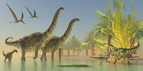 Framed Deinocheirus dinosaurs watch a group of Argentinosaurus walk through shallow waters Print